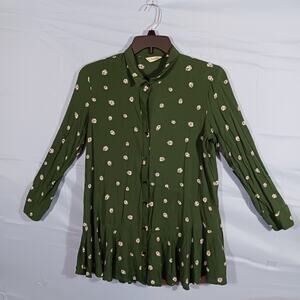 11.1.Tylho Anthropologie Dress Womens Medium Green Lady Bug Long Sleeve ButtonUp